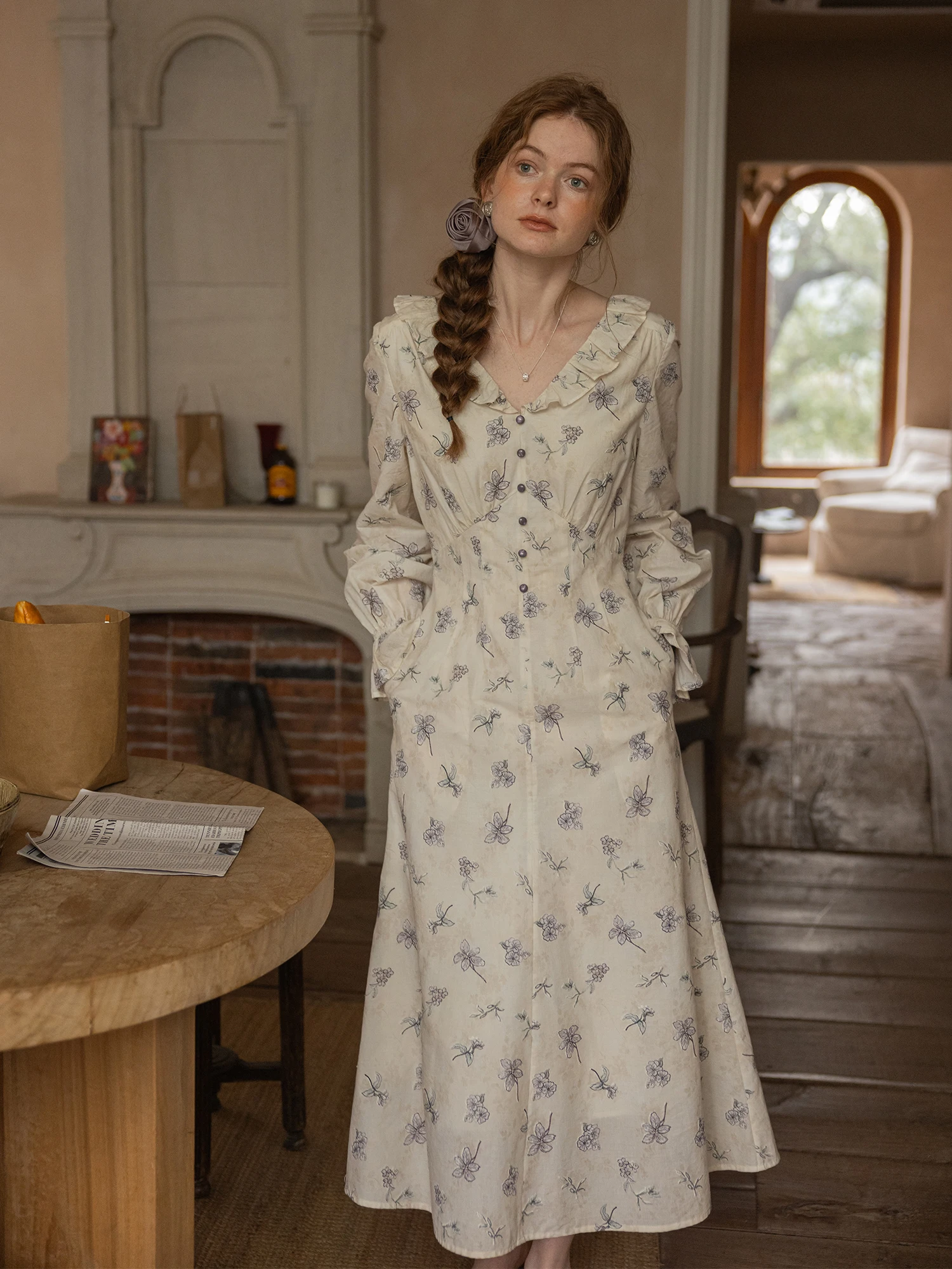 Dailyart Spring Fsy Embroidered Print Long Sve V-Ne Gown Wooden Stripe H-Line C…