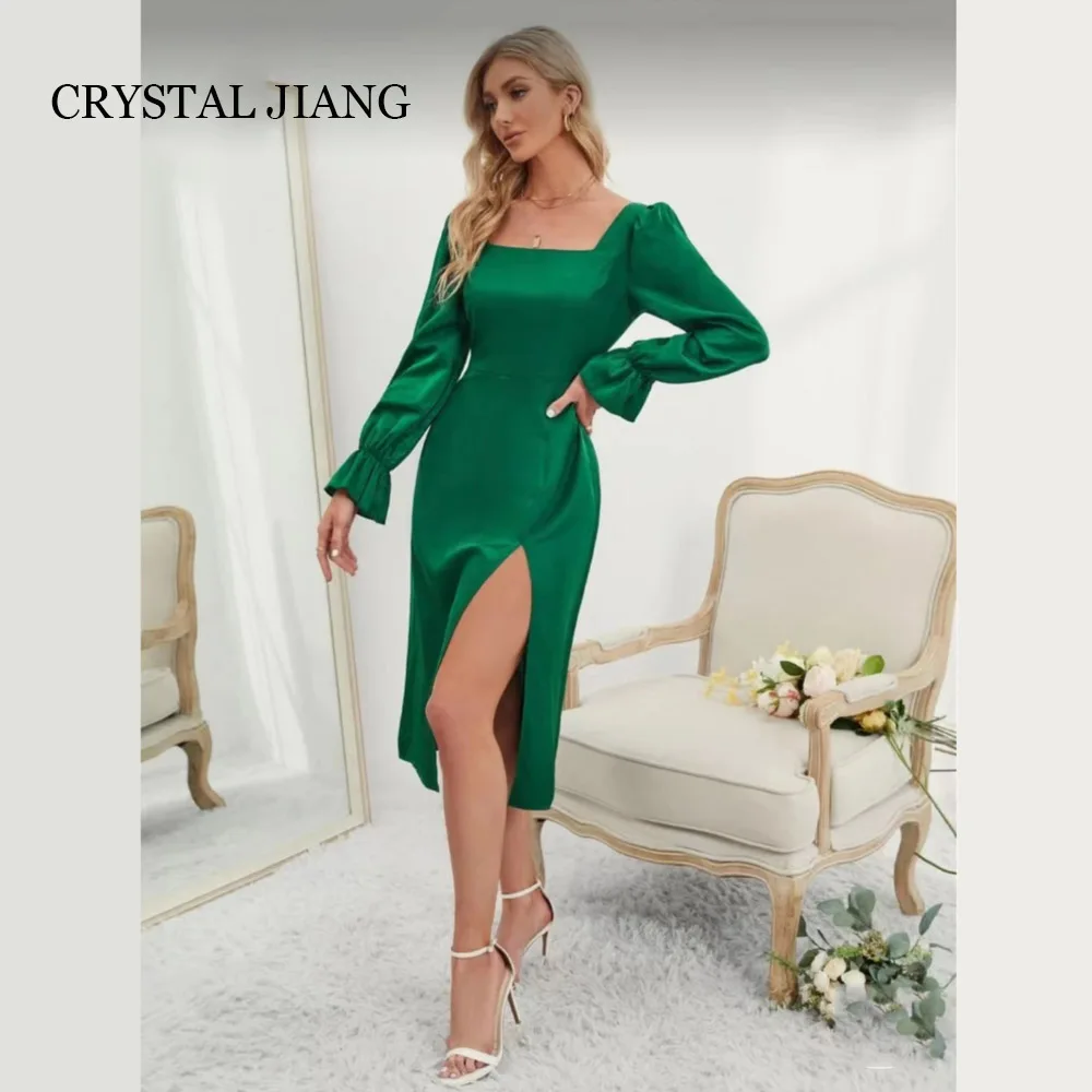 

Classic Short Green Square Collar Satin Evening Dresses Full Sleeves with Slit Sheath Knee Length Vestidos De Noche