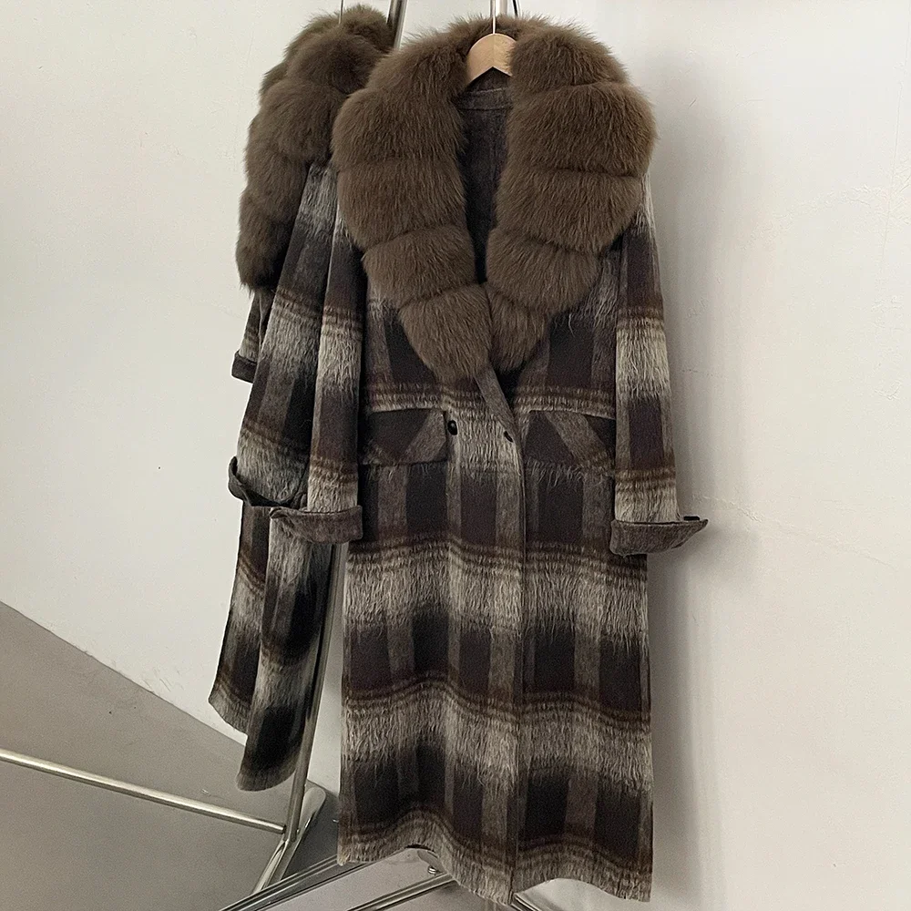 OFTBUY New Warm Winter Outerwear for Female Mid Long 100% Wool Coat Women Real Fox Fur Lapel Collar Vintage Plaid Woolen Jacket