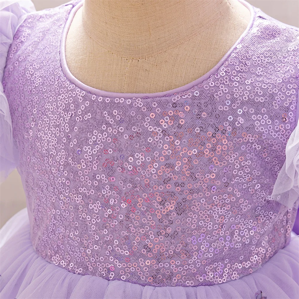 Elegant Purple Sequin Birthday Baptism Gown Baby Lace Tutu Dresses Girls Butterfly Costume Infant Fluffy Clothing Girl New Wear