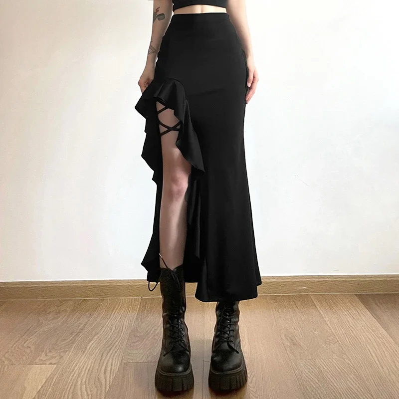 Gothic Black High Waist Bodycon Mid Skirt E-Girl Punk Ruffles Split A-Line Skirts Y2K Fashion Women Streetwear Bottoms HMS07