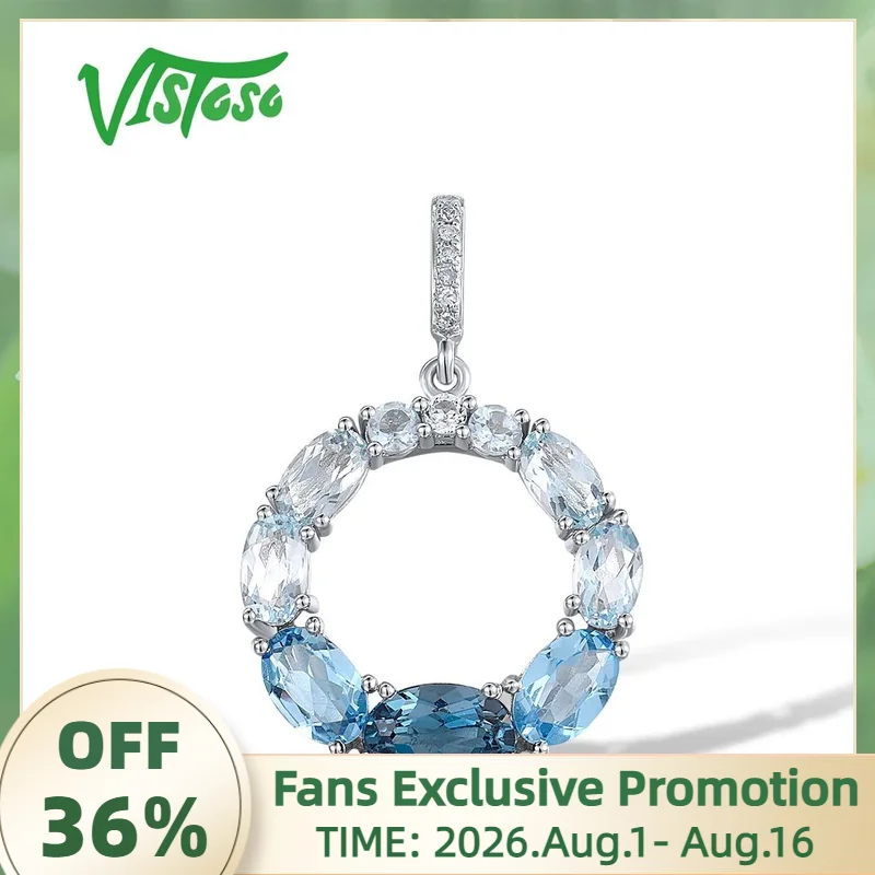 VISTOSO Genuine 14K 585 White Gold Pendant For Women Sparkling Gradual Blue Topaz Diamond Circle Pendant Gorgeous Fine Jewelry