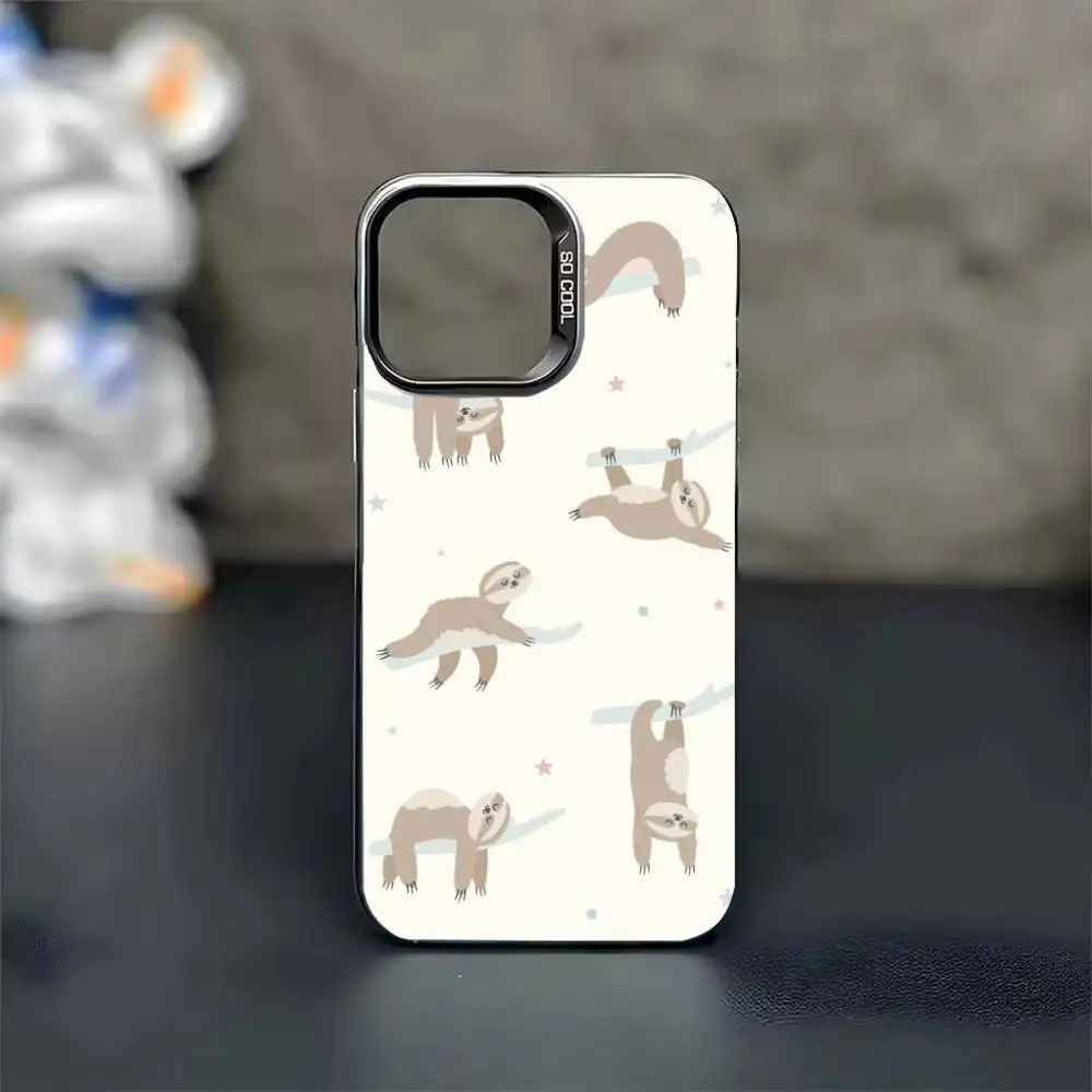 Funda de teléfono con diseño de perezoso de dibujos animados de animales para iPhone 17,16,15,14,13,12,11,Pro Max,Plus, funda negra de color plateado y caramelo