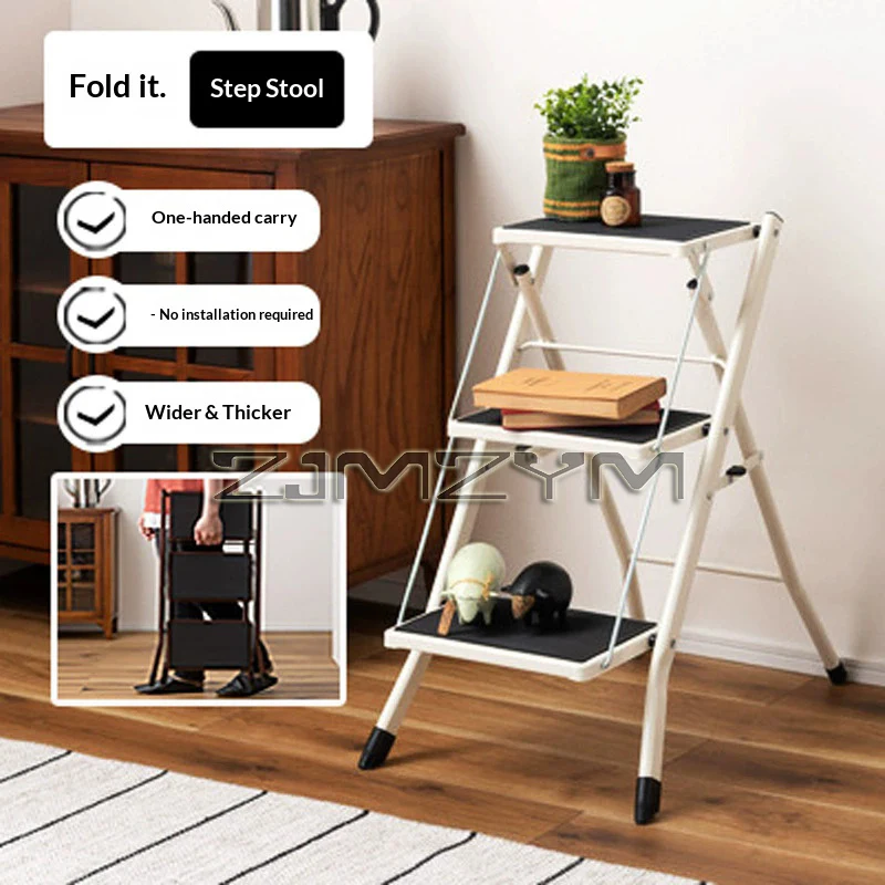 3-Step Ladder, Folding Ladder, Space-Saving Storage, Sturdy Step Stool with Anti-Slip Pedal Multi-purpose Climbing Stairs