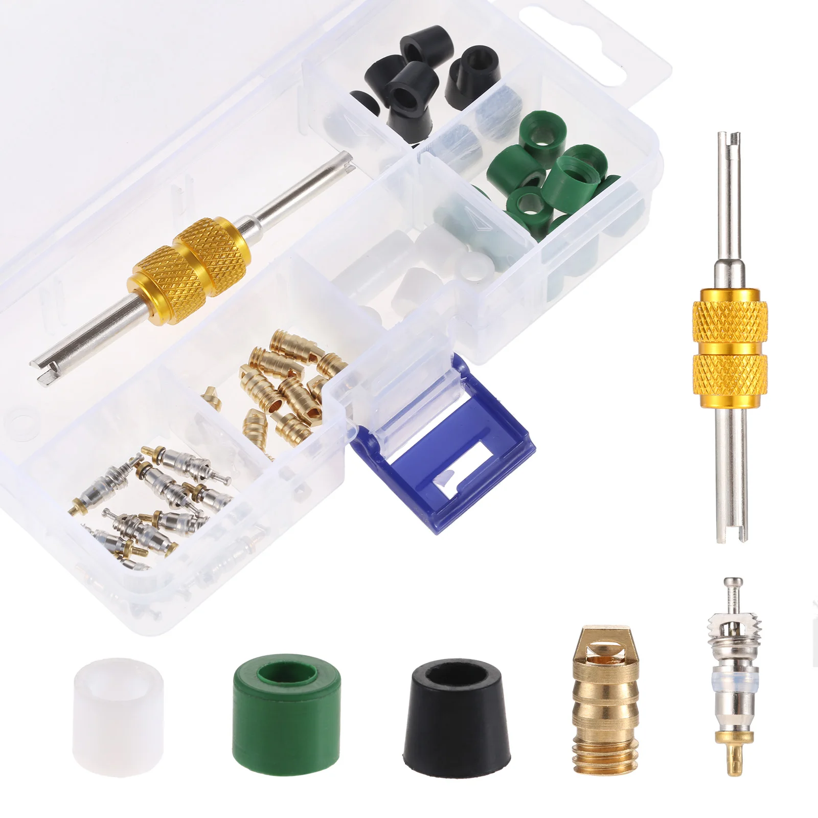 

51PCS A/C Air Conditioning Valve Core R22 R410 Refrigeration Valve Core/Hose Gasket/Valve/Remover Installer Tool Assortment Kit