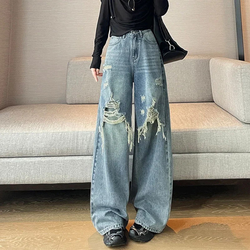 

Spring Summer Ripped Irregular Design Jeans Casual Fashionable Loose Washed Tassel Spliced Women's Wide Leg Denim Pants