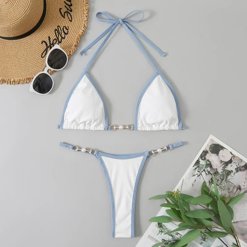 Sexy Halter Triangle Micro Thong Bikinis Sets Women Swimwear Pearl Chain Swimsuits Bathing Suit Mini Biquinis Patchwork Bikini