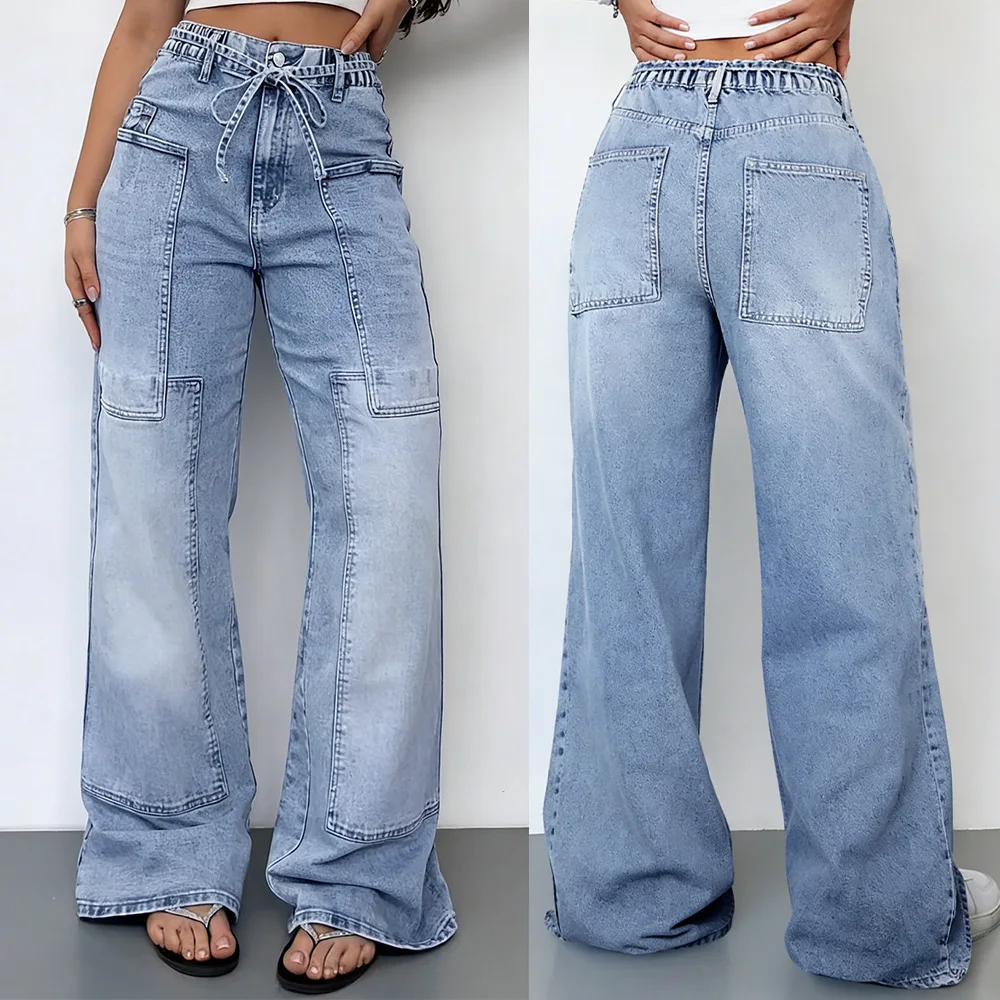 

2026 Spring New Women Slim Fit Retro Washed Wide Leg Denim Pants High Waist Loose Street Style Long Pants