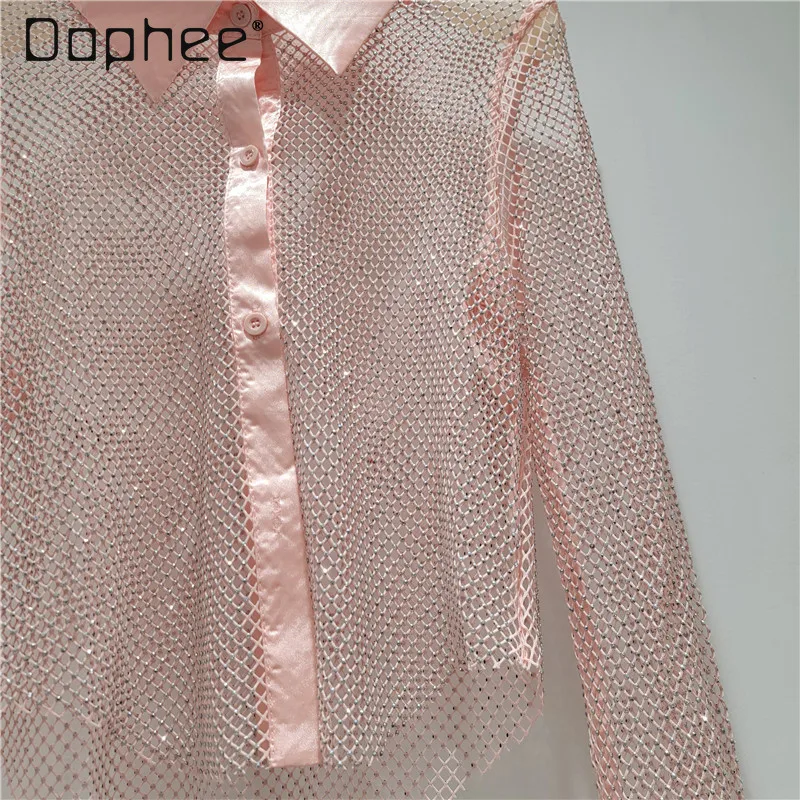 Sexy Rhinestone Hollow Fashion Shiny Base Style Shirt Women Socialite Elegant Slim Rhinestone Round Neck Long Sleeve Top Trendy