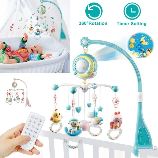 Baby Musical Krippe Handy mit Musik und Lichtern, Baby Mobile für Kinder bett mit Fernbedienung Stern Projektion Spieluhr, Babybett t