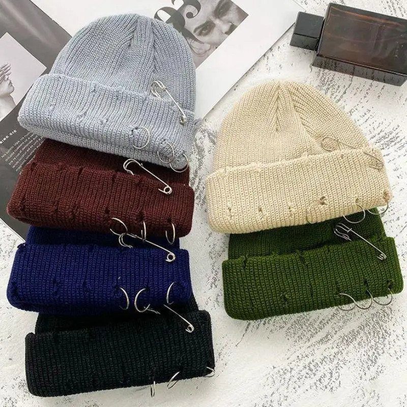 Unisex Autumn Winter Hip Hop Hole Hat Grinding Knitted Bonnets Hats Metal Pin Brimless Hats Beanie Outdoor Melon Cap Streetwear