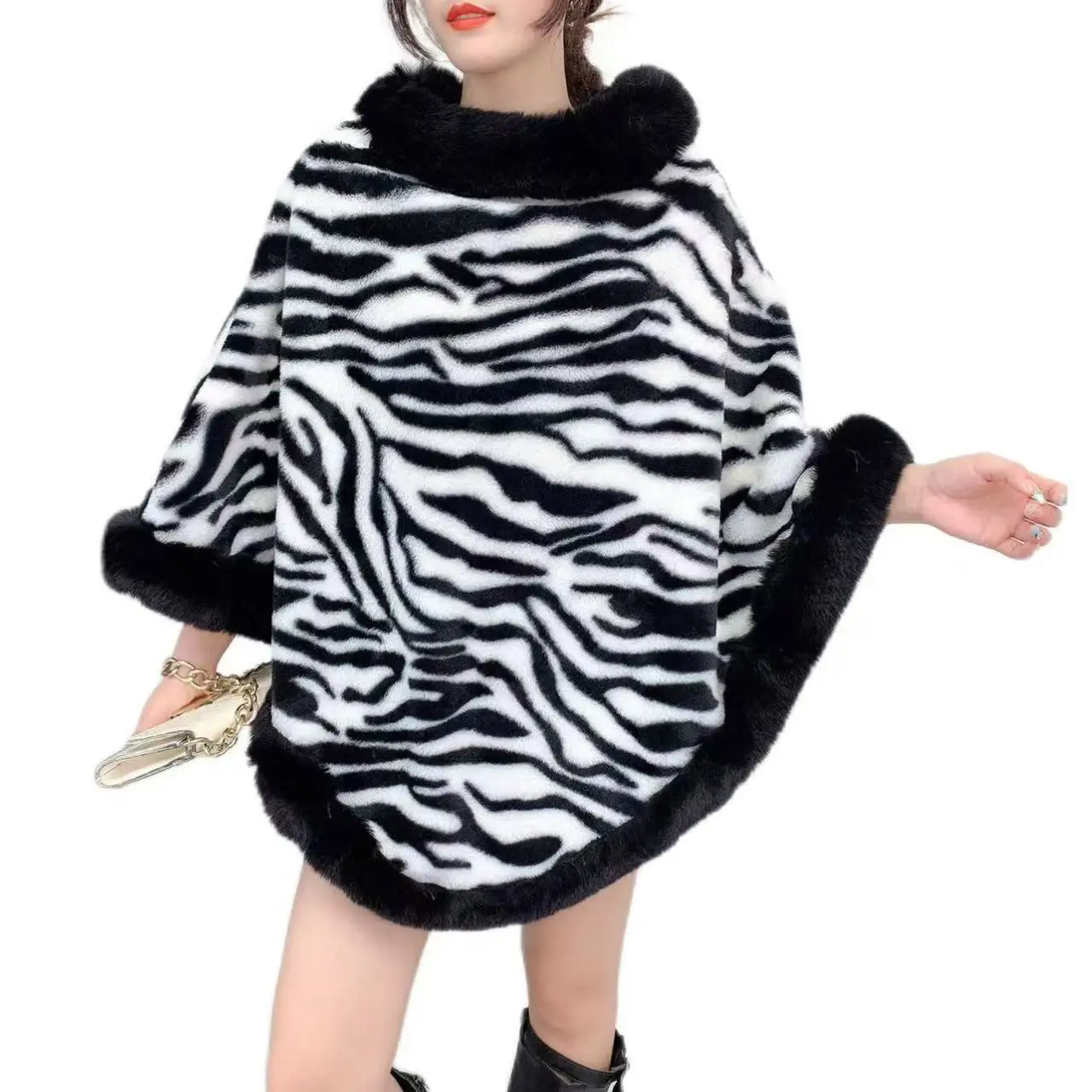 Women Fuzzy Zebra Print Pullover Shawl, Trendy Soft Plaid Cape Top New Arrival for Autumn Winter European American Style