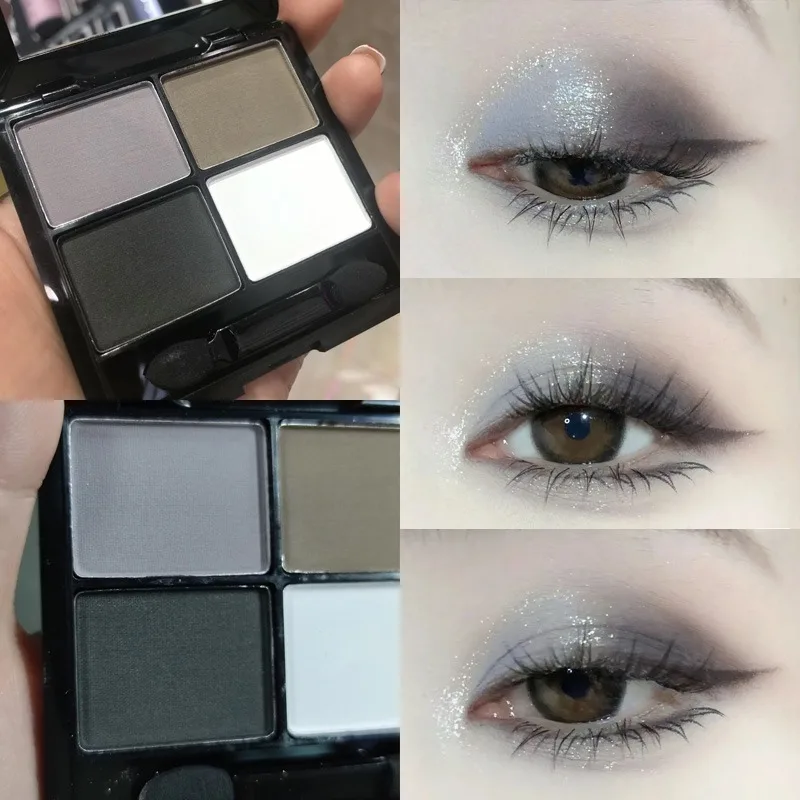 4-Farben-Lidschatten-Palette, grau und schwarz, rauchig, matt, perlmuttartig, schimmernd, aufhellende Basis, Augen-Make-up-Grundierung mit Anwendungswerkzeug