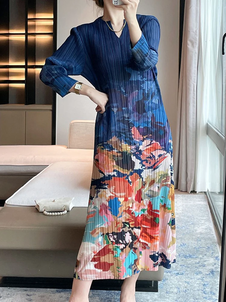 Wrinkle 2024 Autumn New French Oil Painting Print Design Dress Women's Elegant Slim Fit Long Dress LOOSE
