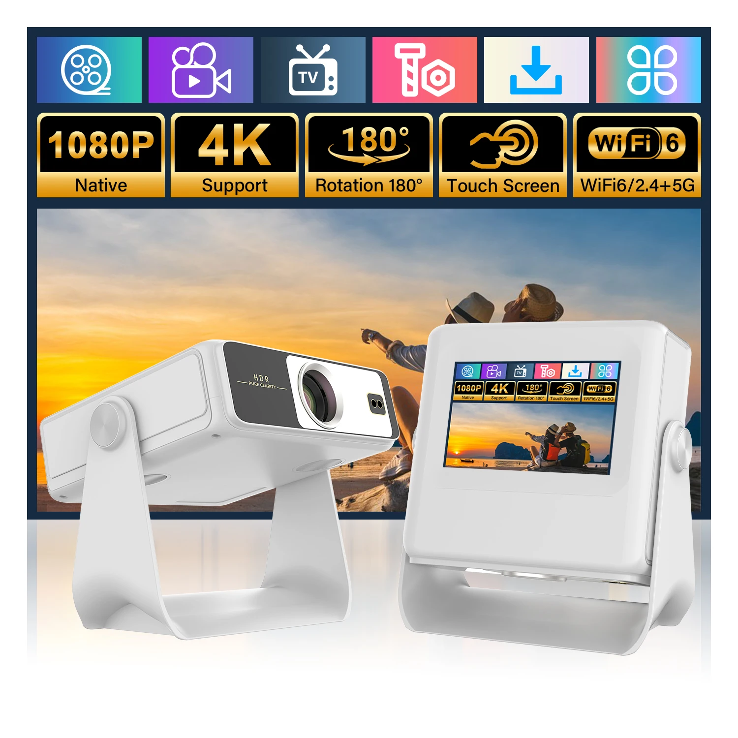 Android Projector 4K Supported 1080P 8 Inch Touch Bluetooth WiFi 180° Rotatable USB HDMI Office EU UK US Plugs Stunning Display