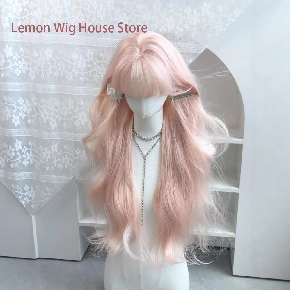 Pink Wig for Women Daily Party Use Long Wavy Synthetic Wig with Bangs Sweet and Lovely Lolita Wigs Cosplay  Heat Resistant