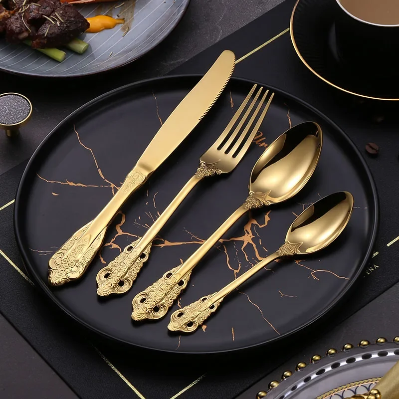24 Pcs 18/10 Stainless Steel Black Gold Silver Cutlery Dinnerware Meat Knives Coffee Spoon Fork Flatware Set Dishwasher Safe