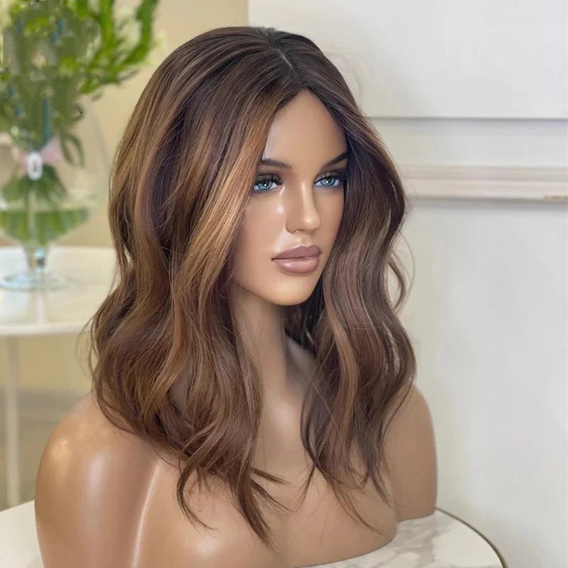 

Natural Loose Wavy Human Hair Wigs Chocolate Brown with Honey Blonde Highlights Colored 13x4 Lace Frontal Wigs Brazilian Bob Wig