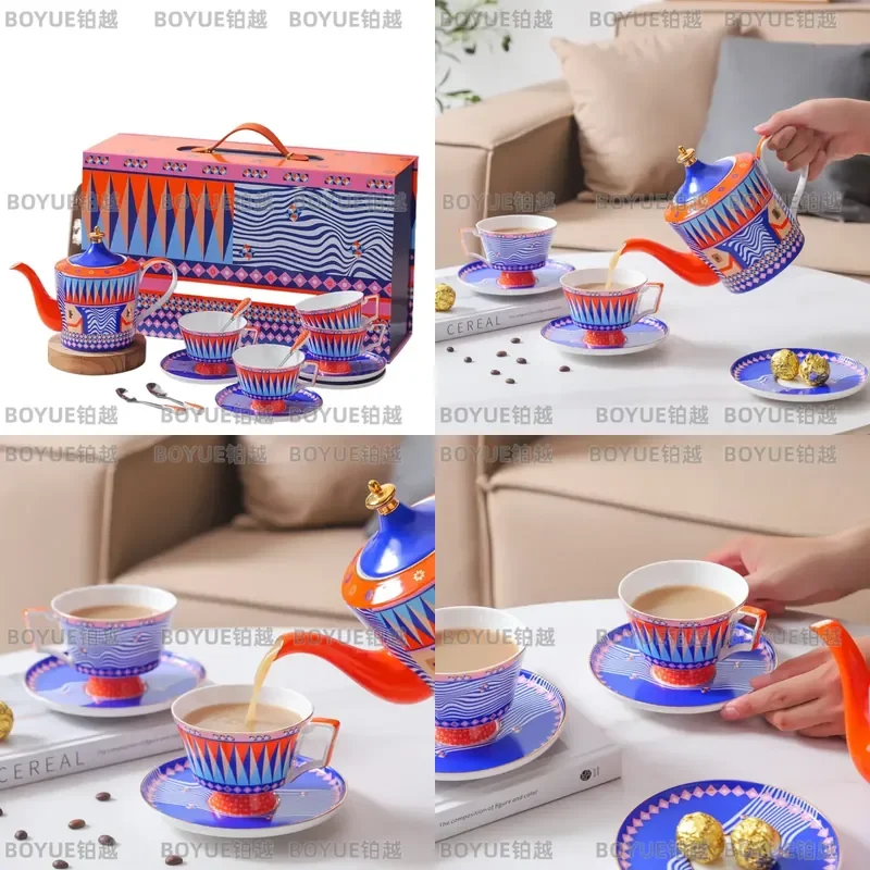 Bone China Coffee Cup Set with Saucer and Spoon Elegant Ceramic Afternoon Tea Service Camellia Pattern Gift Box for Home