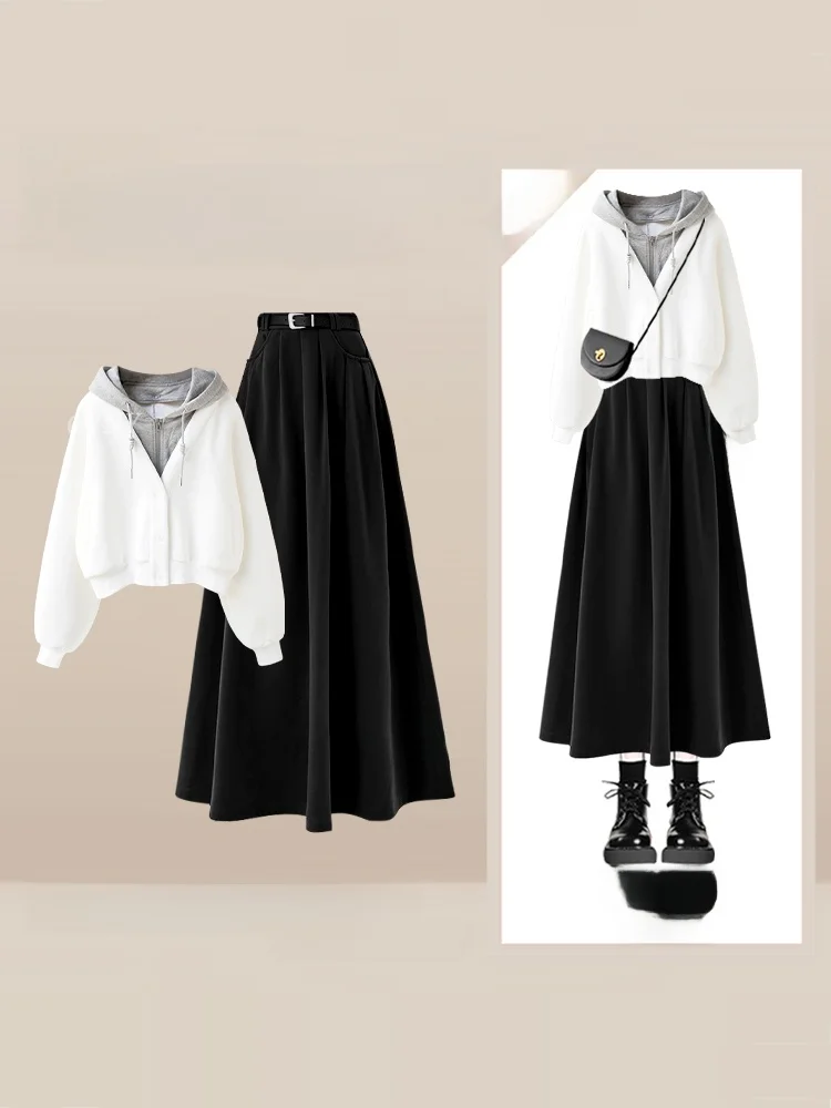 Autumn Winter Women's College Sle Sweatirt Skirt Set Casual High Waist Long Skirt Two Piece Outfit Anti-Aging Trendy Set