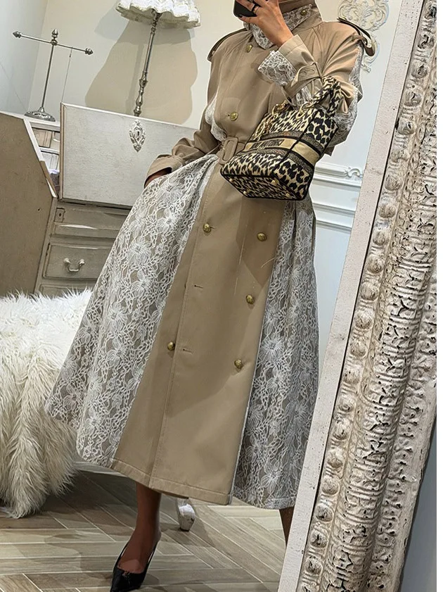 

Long Tailored Coat with Lace Trimming And Waist-Cinching Design for Women Korean Sle Straight Cut Commute Faion Polyester...