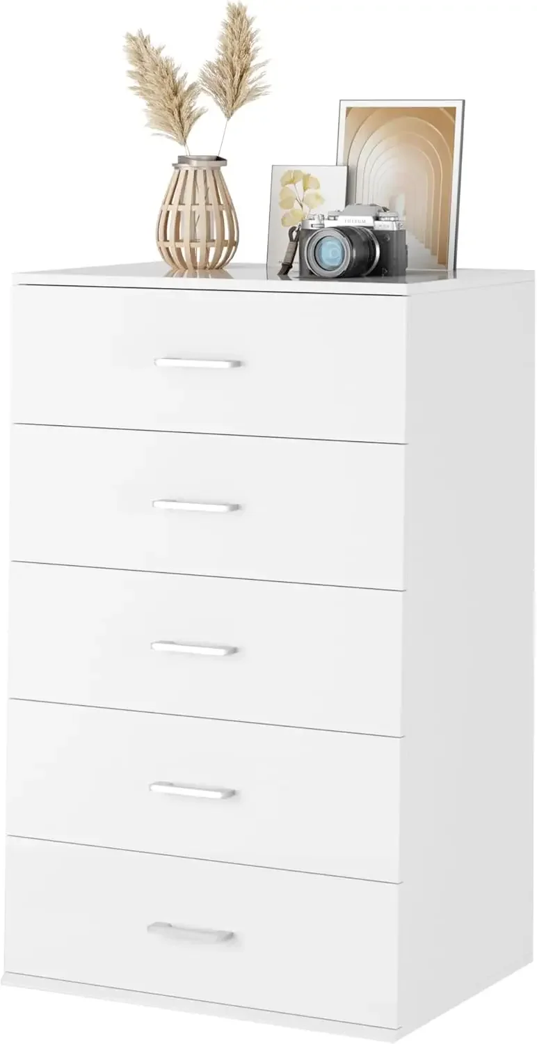 5 Drawer Dresser Chest, Tall Dresser Storage Tower with Metal Handles, White Storage Cabinet for Living Room, Kitchen, Entryway,