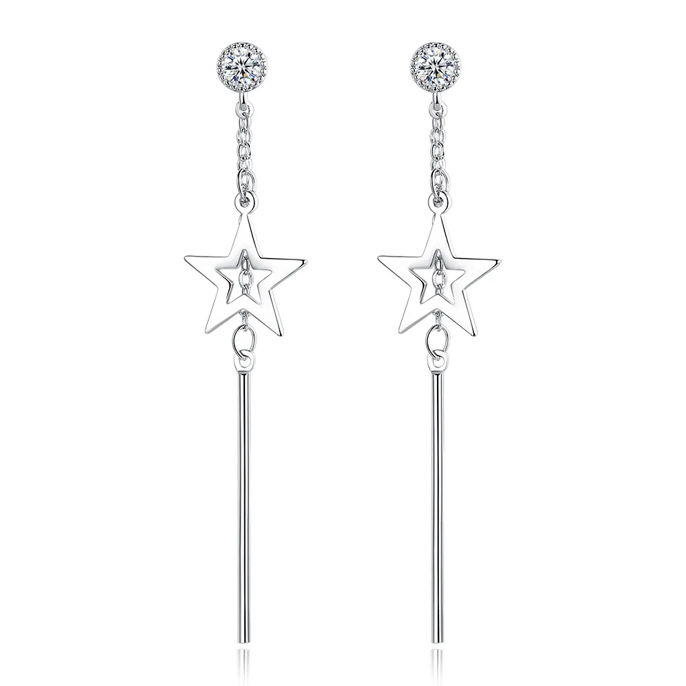 

925 Sterling Silver Earrings Long Geometric Five-pointed Zircons Earrings Ladies Fashion Simple Birthday Wedding Jewelry Gift