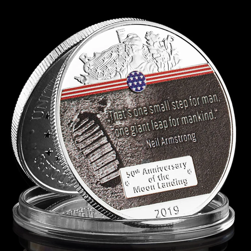 US 50th Anniversary of The Moon Landing 2019 Commemorative Coin Colorful Collectible Gift Apollo 11 Silver Plated Coin