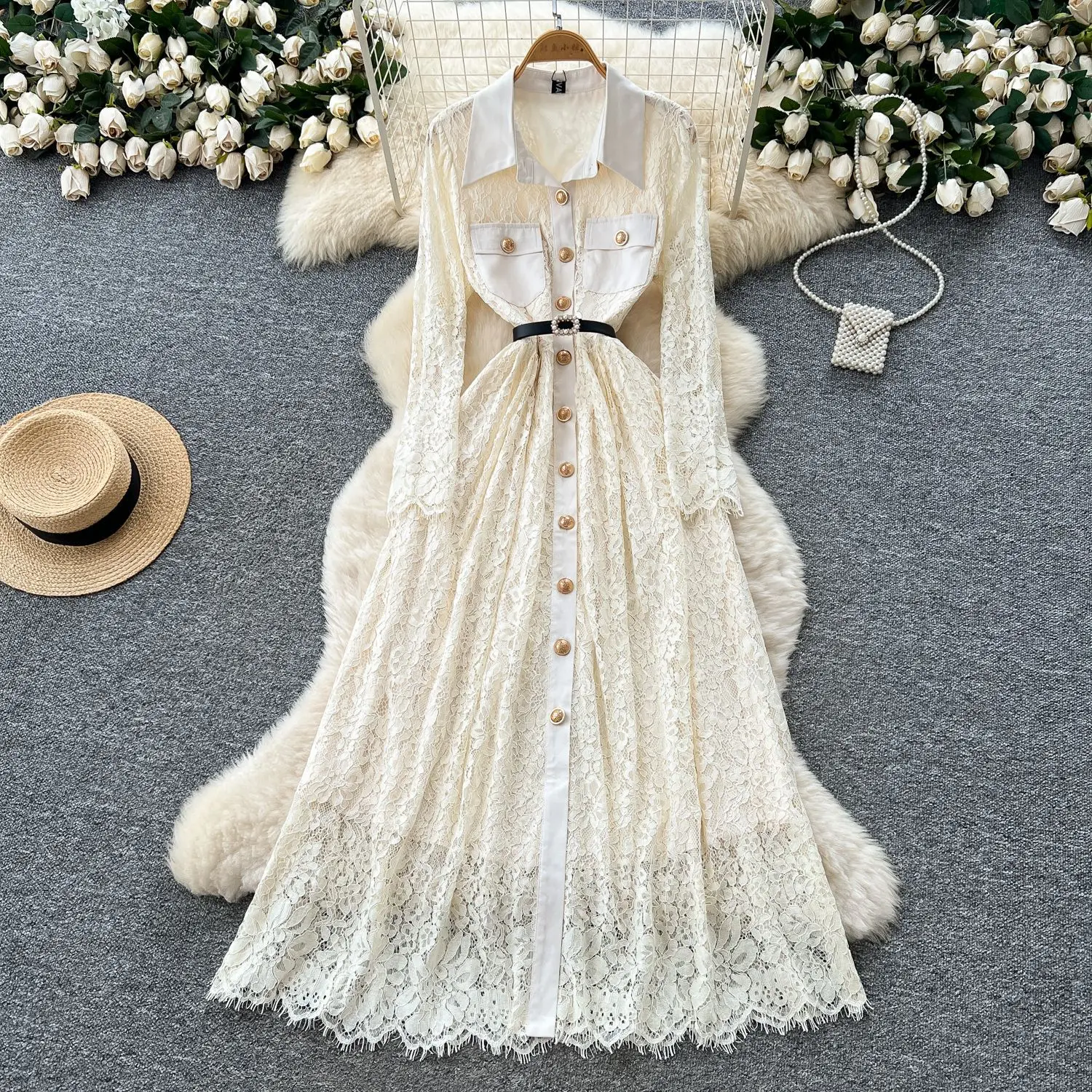 

Women Tulle Dresses Lace Long Dress Apricot Wedding Ankle Lenth Full Sleeve Single Breasted Vestidos Casual Elegant 2025 Autumn
