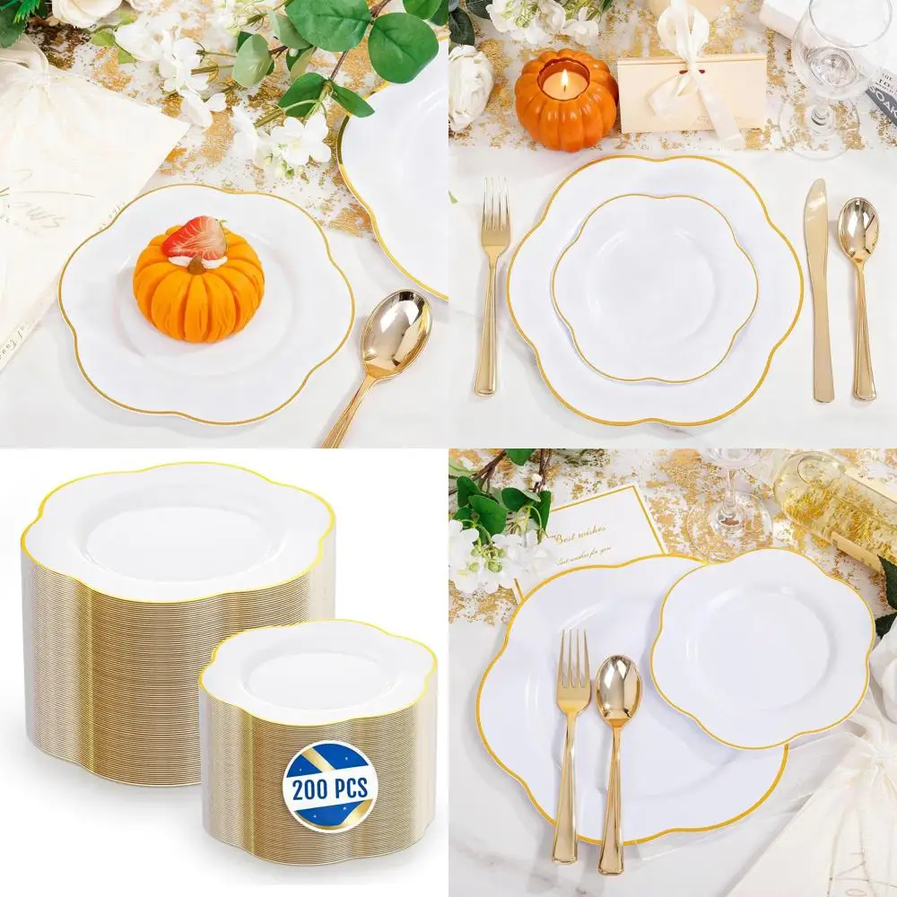 

200 Pack White & Gold Trimmed Heavy Duty Disposable Plates for Special Occasions