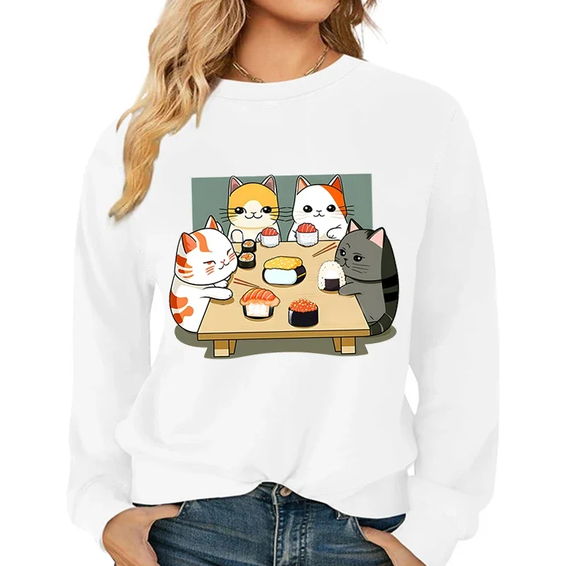 

Cute Kawaii Sushi Cat Print Women Fashion Sweatshirts Sushi Lover Gift Hoodies Women Cartoon Cat Love Sushi Graphic Sweatshirt