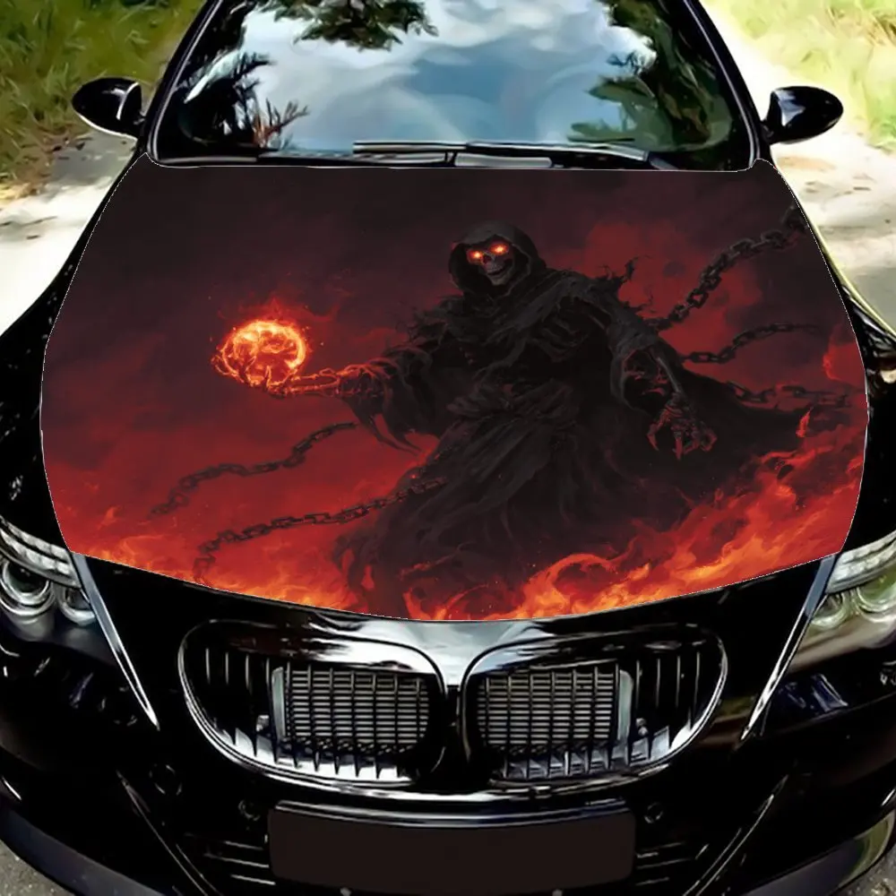 

Chain Flame Gothic Reaper Car Hood Stickers, Racing Car Modification Vinyl Car Film, Waterproof And Wear-resistant Decorative St