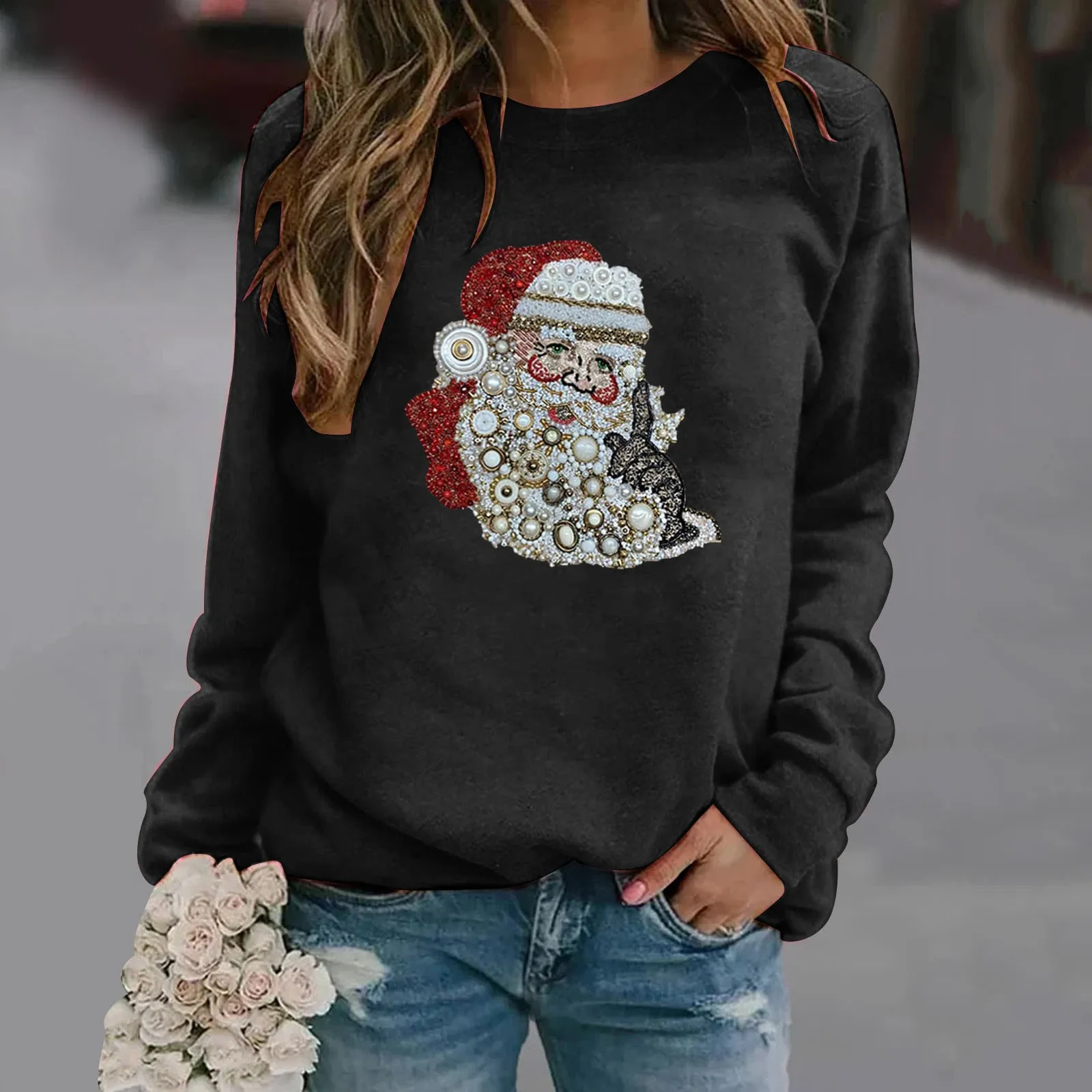 Felpa con stampa di babbo natale girocollo manica lunga perla paillettes decorare pullover top y2k manica lunga senza cappuccio abbigliamento donna