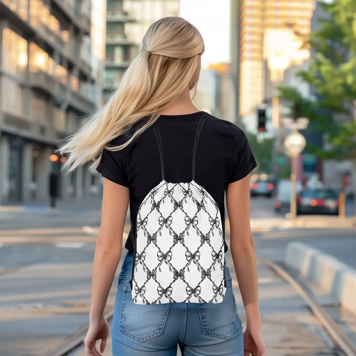 حقيبة ظهر برباط من Coquette Bows باللون الأسود والأبيض وأكياس برباط لقوس ألوان مائية #4