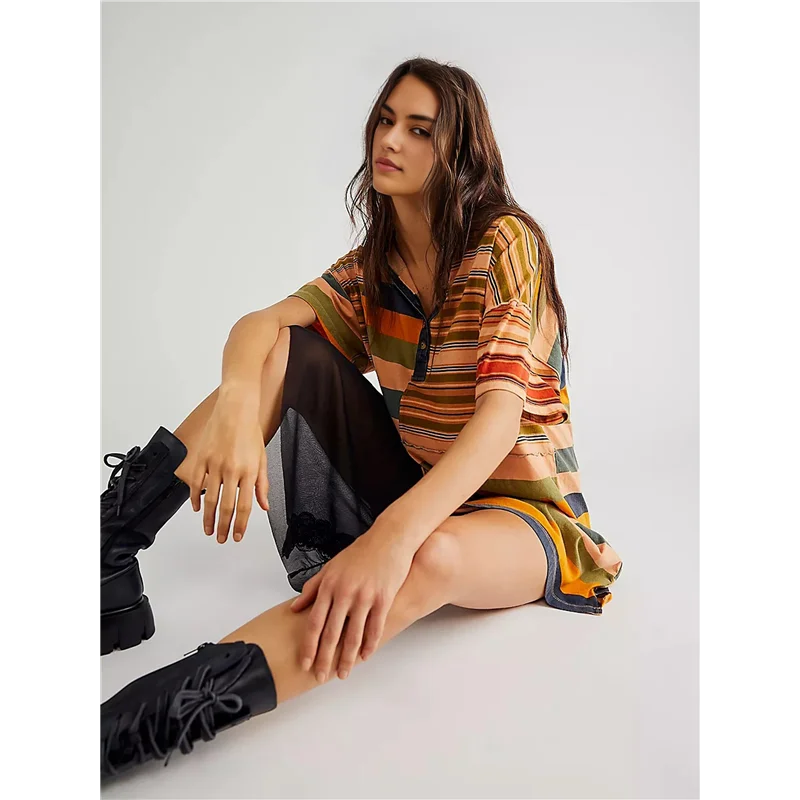 【SEE】Women Contrast Striped Babydoll Y2k Summer Patchwork T- Shirt Dress Vintage V Neck Short Sleeve Dress