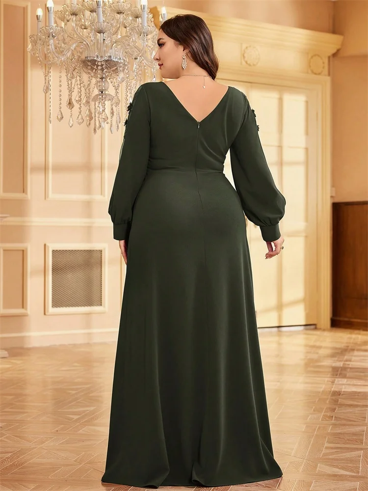 플러스 사이즈 고급 그린 V넥 긴팔 아플리케 스팽글 정장 이브닝 드레스 여성 웨딩 파티 맥시 칵테일 가운