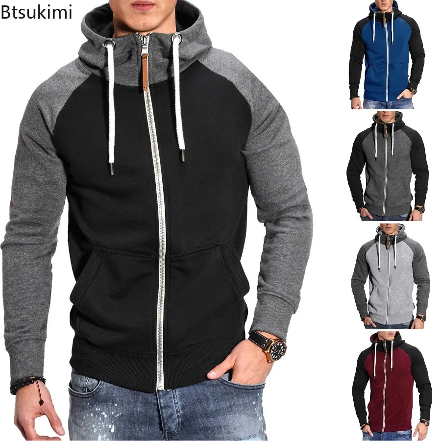 

Fashion Men's Casual Hooded Jacket Splice Contrast Color Design Men Sweatshirts Zipper Cardigan Coats Male Sport Fitness Hoodies