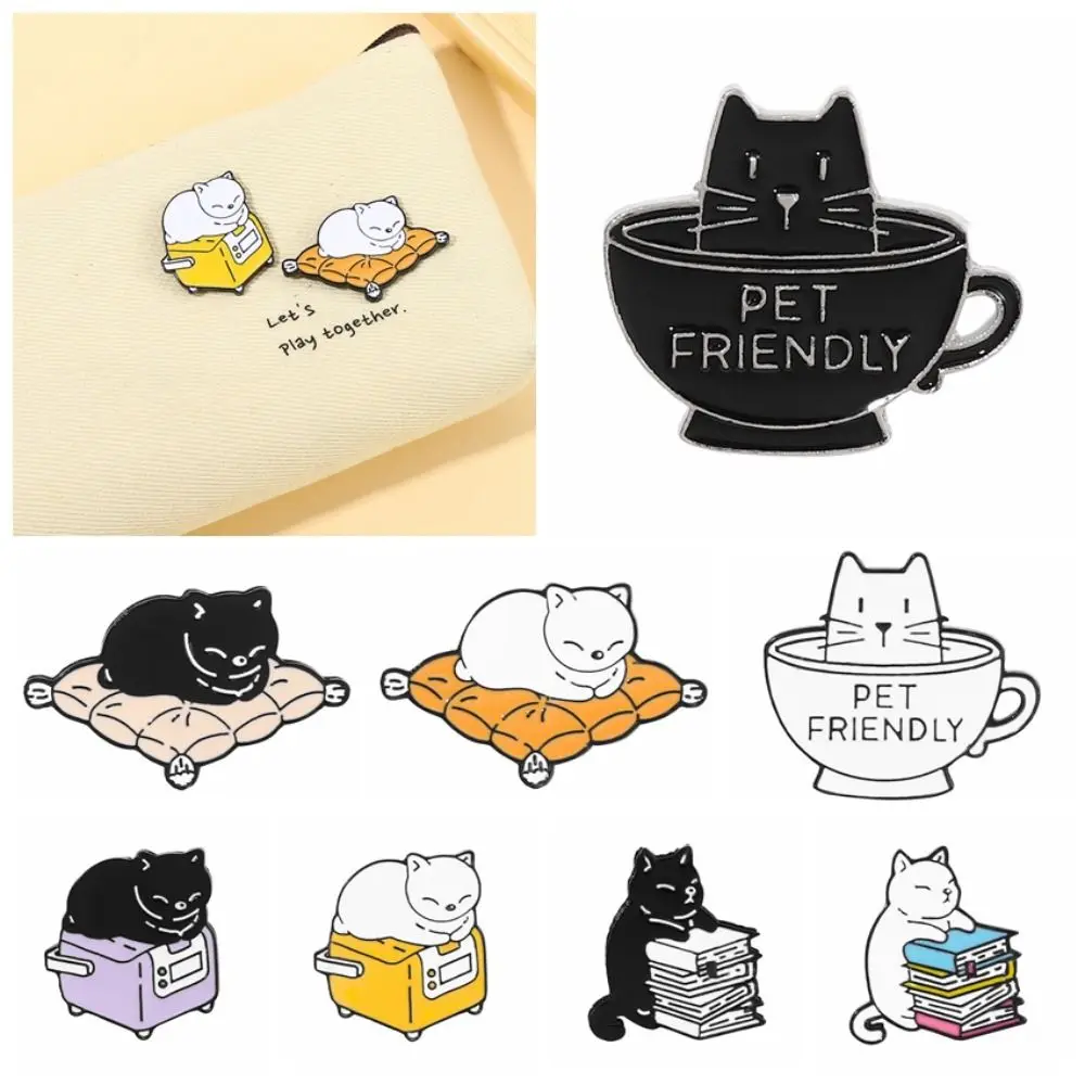 Enamel Coffee Cup Cat Brooch Funny Clothes Pins Animal Sleep Cat Brooch Badge Alloy Reading Cat Brooch Boys