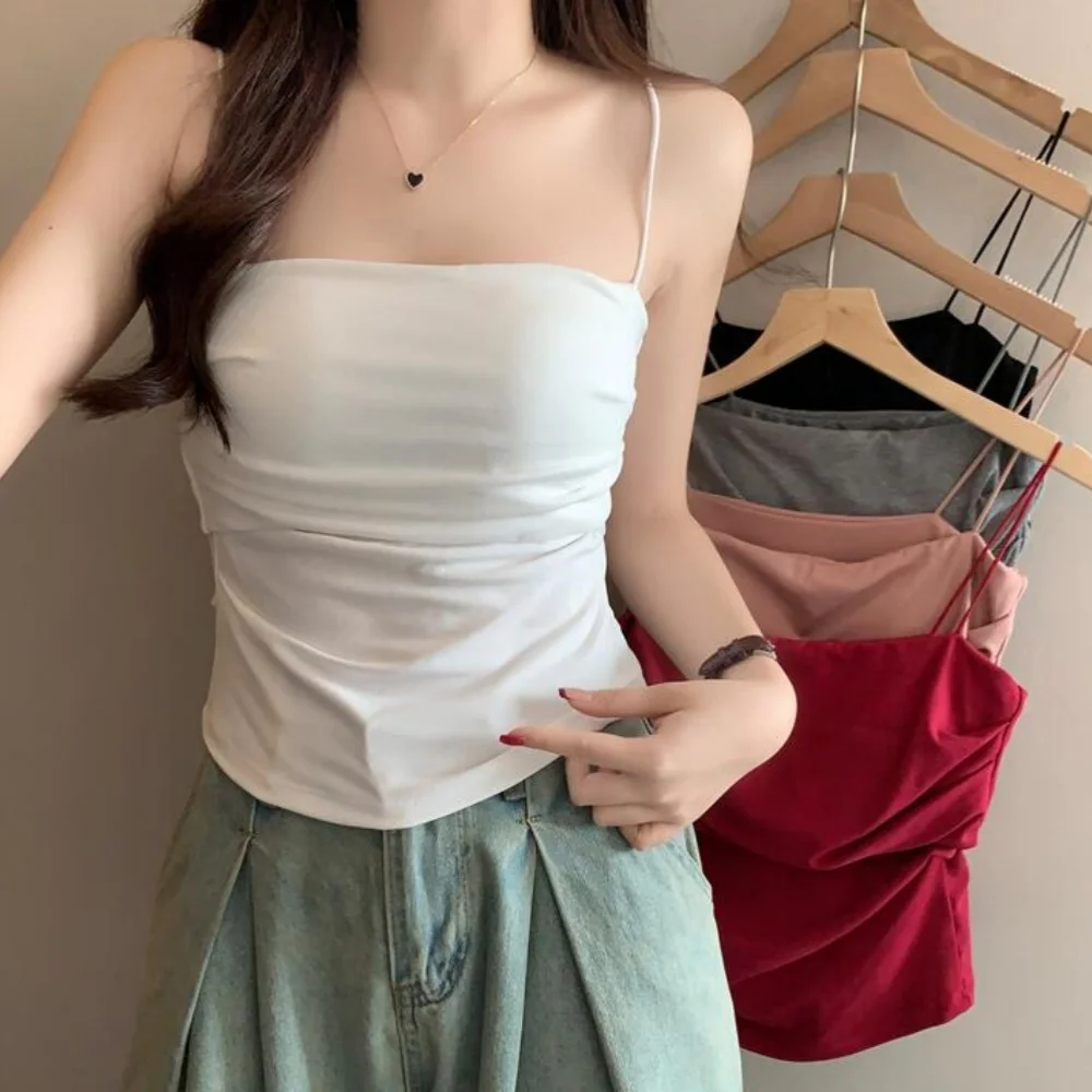 2024 Summer Sexy Camis Tank Top Women Spaghetti Strap Tanks Women With Built In Bra Skinny Black White Red Crop Top Korean Style