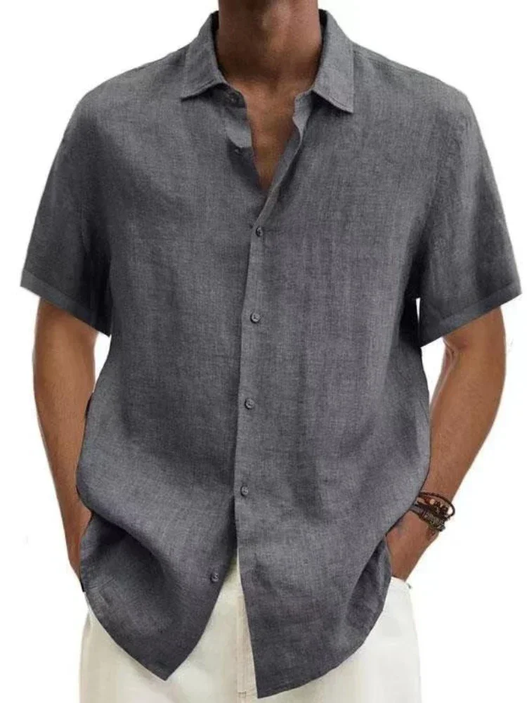 New 2023 Summer Men's Short Sleeve Shirt Solid Color Cotton Short Sleeve Plus Size Men's Clothing Loose Lapel Shirts & Blouses