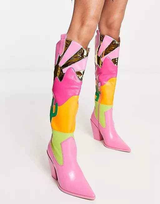 2023 Patchwork  Western Women Cowboy Boots Leather Knee High Shoes  Pink Cowgirl Pointed Toe Boots Cosplay Shoes 44