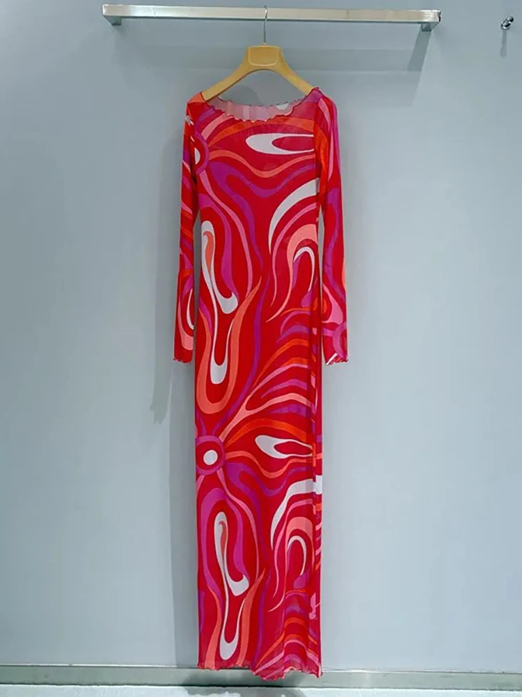 Summer Fashion Beach Style Vintage Pattern Print Long Dress Women's Sexy One Word Collar Slim Buttock Covering Dresses