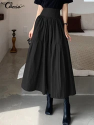 Celmia 2024 Fashion High Waist Women Casual Loose Solid A-line Skirt Vintage Pleated Zipper Swing Long Skirt Party Beach Skirt