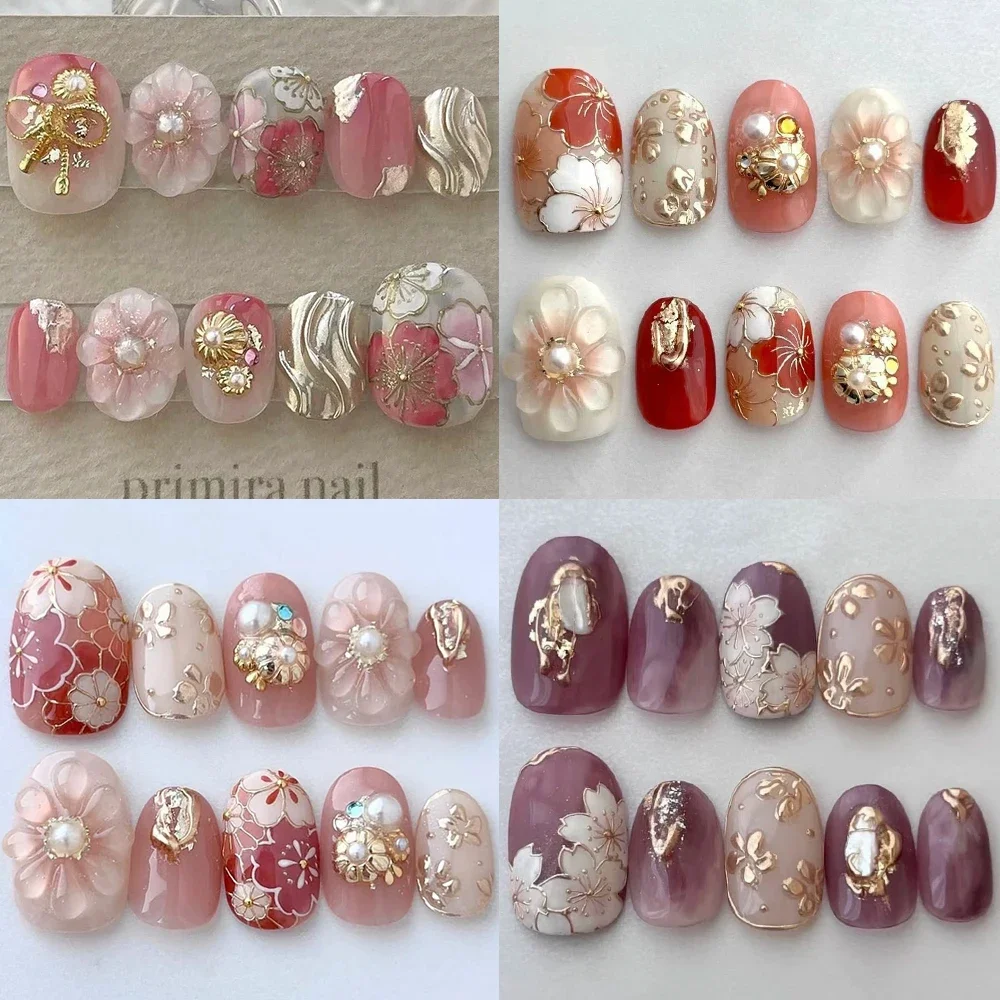 

10Pcs Gilding Flower Almond Handmade Press On Nail Art Light Luxury 3D Flowers Pearl Diamond Wearable Full Cover Fake Nails