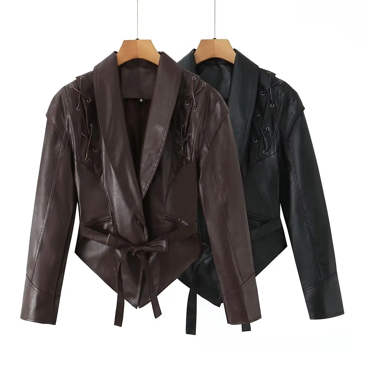 Giacca in Pelle da Donna alla Moda H2395, Versatile con Colletto Reversibile, Cintura, Stile Commuter, Antivento, Lunghezza Corta, Maniche Lunghe