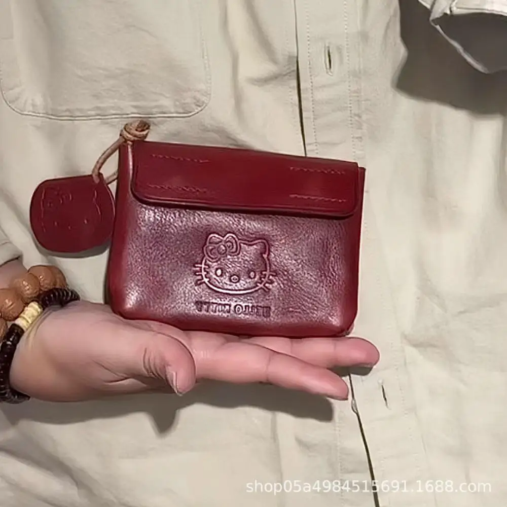 

Красный кожаный кошелек Sanrio Hello Kitty ручной работы, милый мини-портативный гарнитур Kt, сертификат, маленькая сумка для карт, подарок