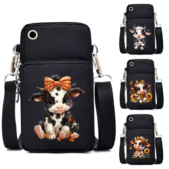 Nova pequena vaca saco do telefone móvel saco do mensageiro das mulheres bonito dos desenhos animados animal vaca impressão pendurado pescoço moeda bolsa vertical