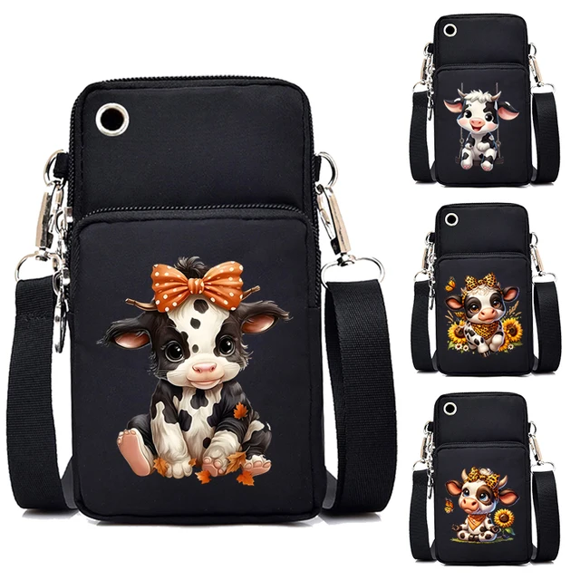 Nowa torba na telefon komórkowy Little Cow Damska torba kurierska Cute Cartoon Animal Cow Print Wisząca torebka na monety na szyję Pionowa torebka