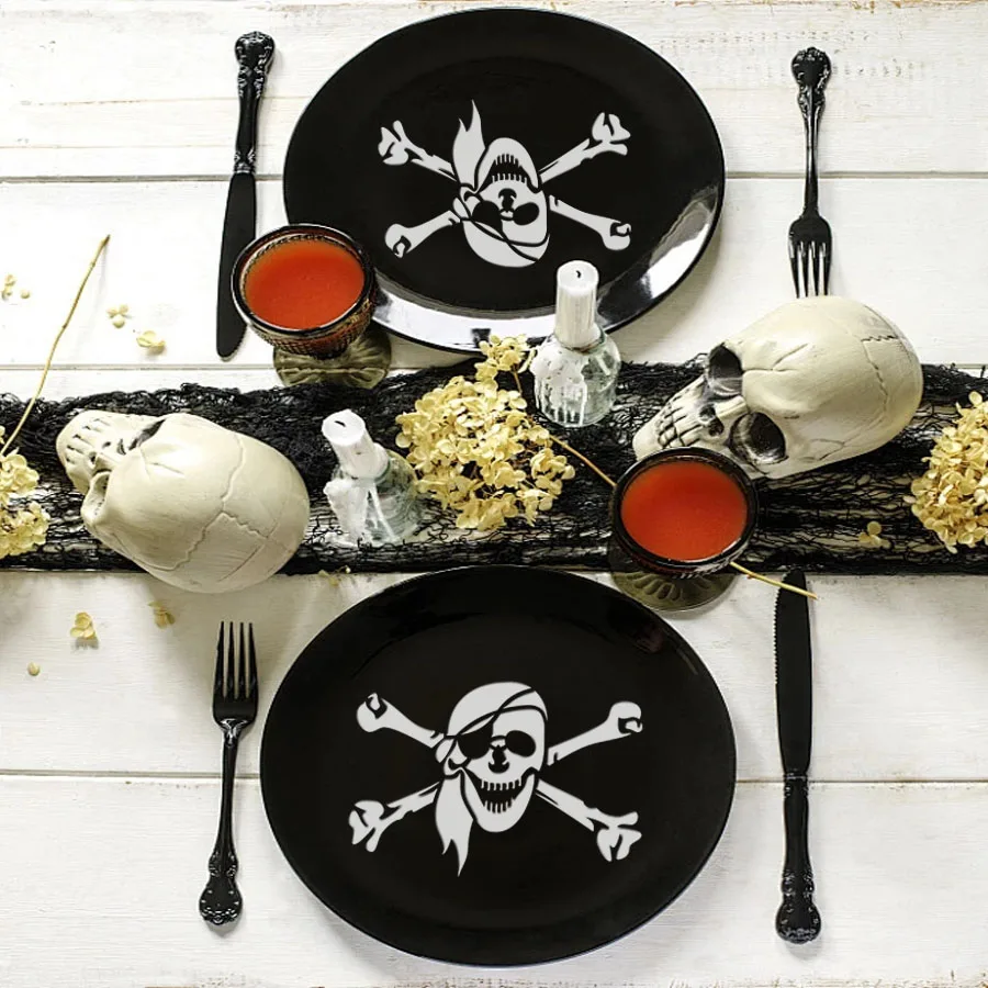 4 قطعة مجموعة استنسل جمجمة القراصنة مقاس A4 مقاس 11.69 × 8.27 بوصة قوالب قابلة لإعادة الاستخدام لديكور الهالوين، طاولة الحفلات، تغليف الهدايا، DIY W