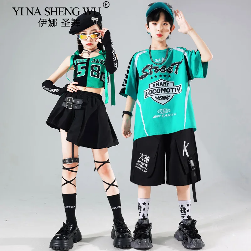 Boys Hip Hop Green T-shirt Shiny PU Leather Cargo Pants Girls Crop Top Kids Street Dance Streetwear Children Jazz Clothes Sets